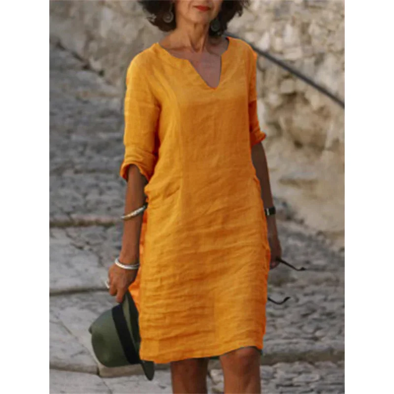 Dress 3 Quarter Vintage Casual V Neck Loose Waist Midi Beach Dress Women Clothing Green Blue Yellow Robe Polyester