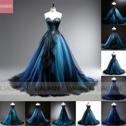 Blue Black Lace Edge Applique Strapless Ball Gown Full Length Evening Dress Formal Occasion Elagant Hand Made Customized W2-1