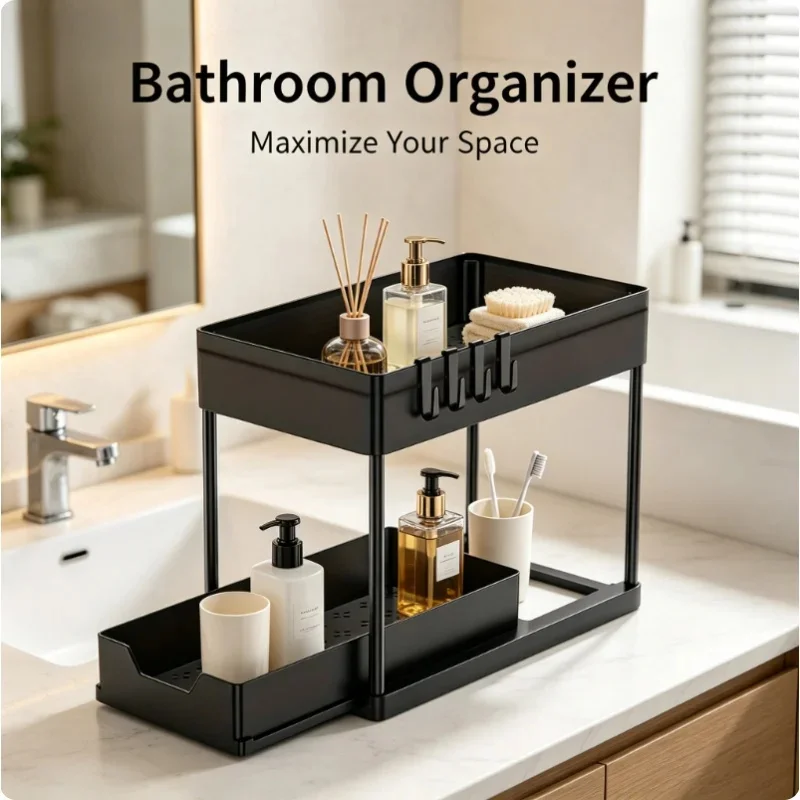 2 Tier Under Sink Organizer Sliding Cabinet Basket Organizer Storage Rack with Hooks Hanging Cup Bathroom Kitchen Organizer