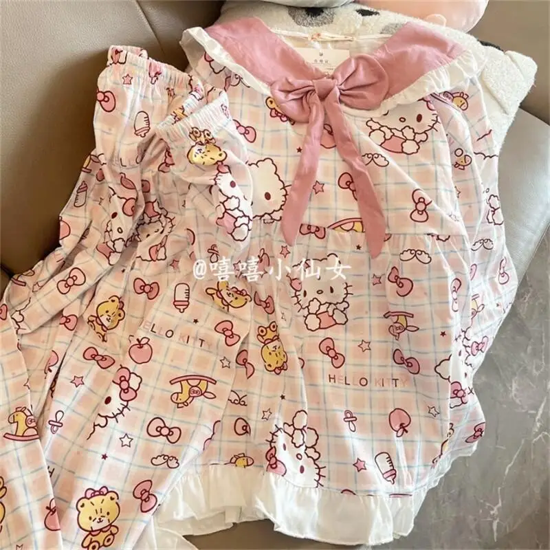 Conjunto de ropa para el hogar para estudiantes, pijamas KT con lazo dulce y bonito para primavera y otoño, ropa de abrigo Sanrio para niñas, sudaderas de Hello Kitty para mujeres