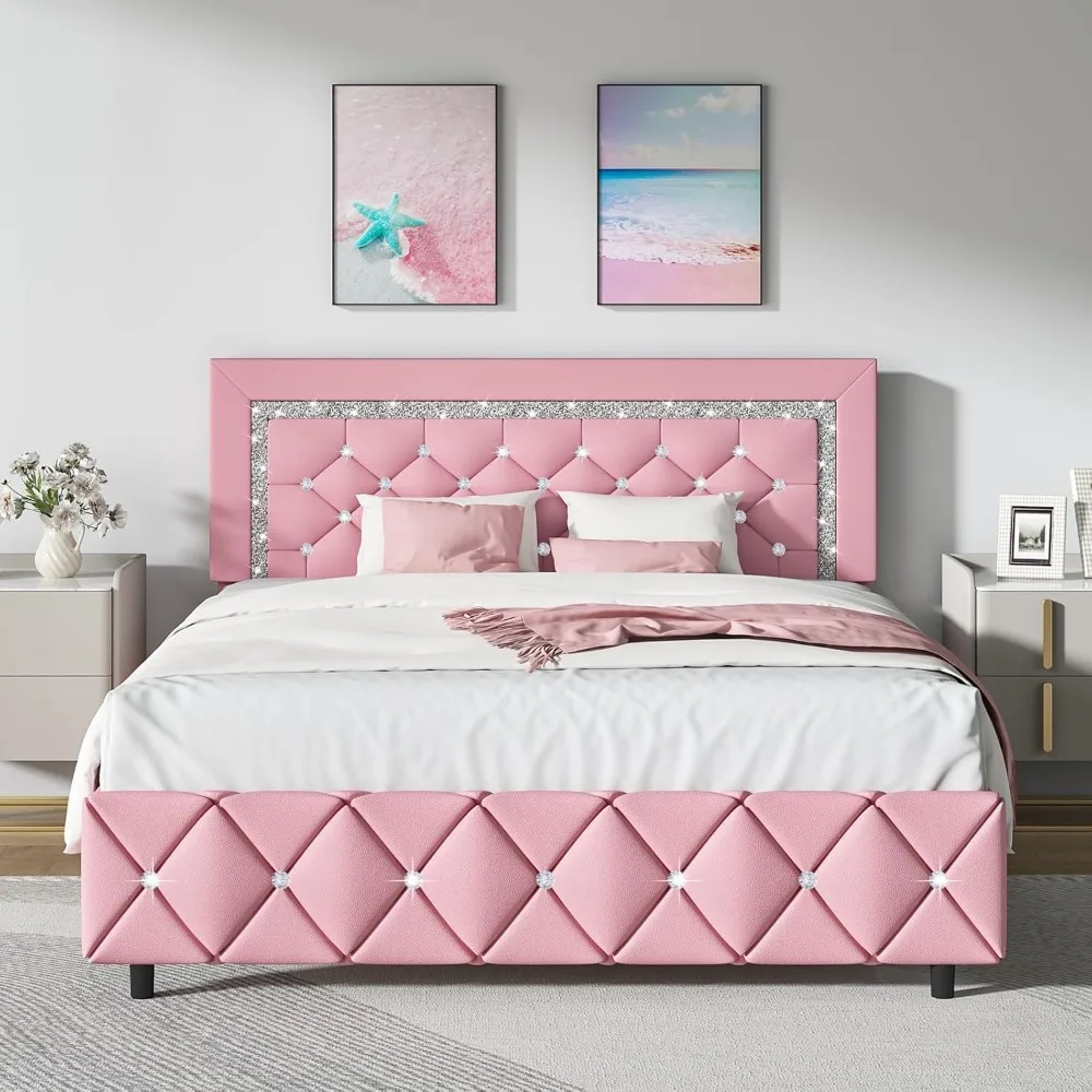 

HOMBCK Full Platform Bed Frame with Upholstered Diamond Headboard, Mattress Foundation with Strong Wooden Slats Support, No Box