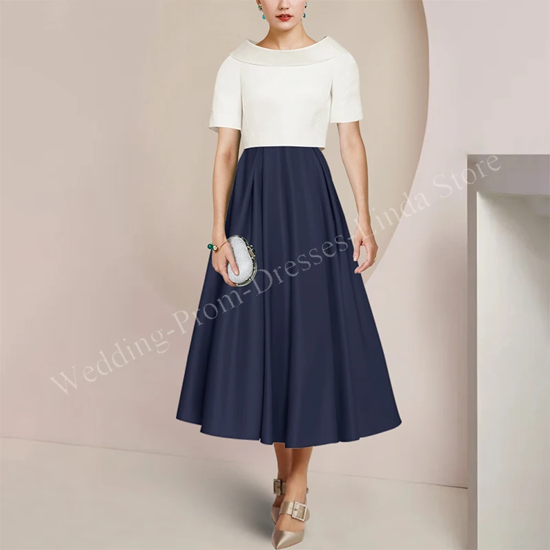 Elegant Mother of the Bride Dresses Satin Short Sleeve Tea-Length A-Line Wedding Guest Party Skirt for Women Evening Gala 2023