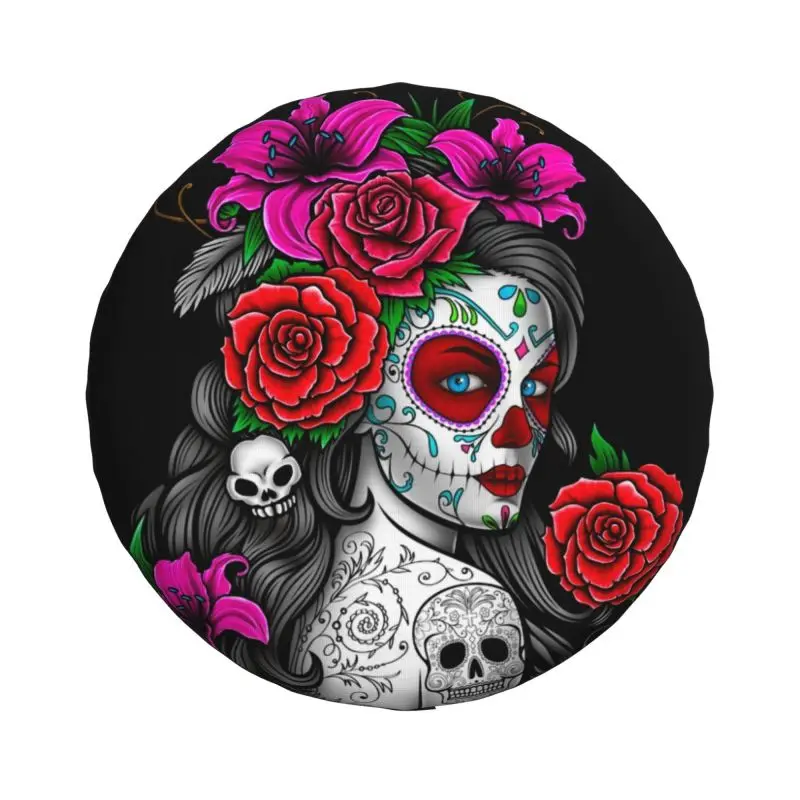 Custom Mexican Catrina Sugar Skull Tattoo Tire Cover 4WD 4x4 Trailer Spare Wheel Protector for Jeep Grand Cherokee 14