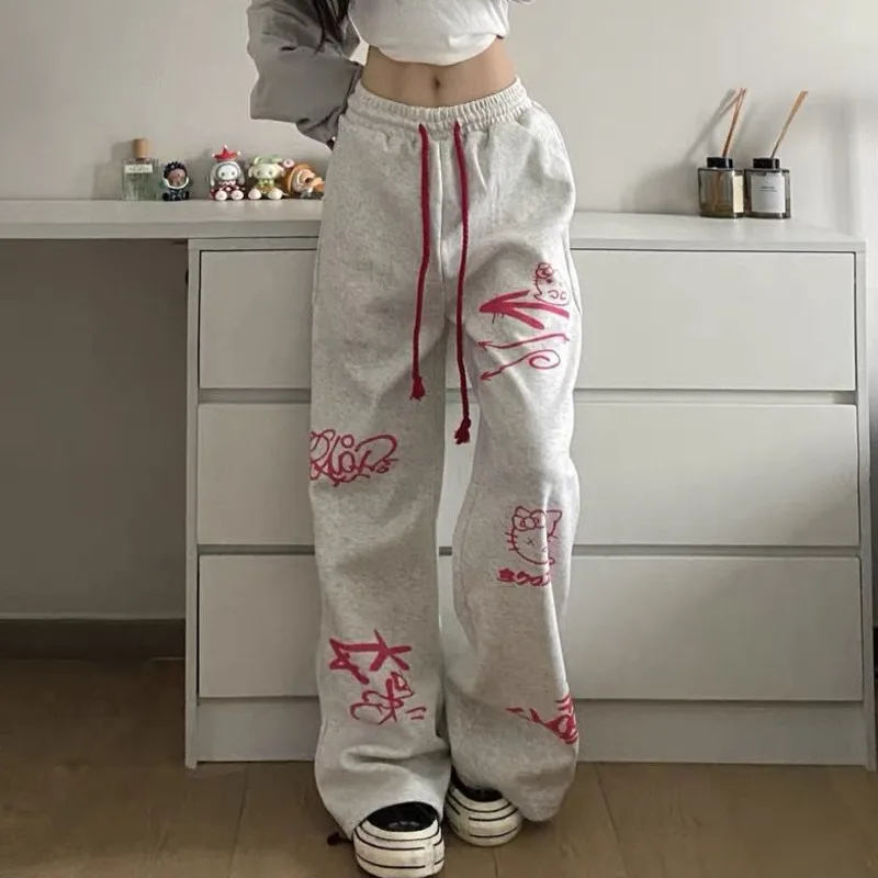 New Sanrio Hello Kitty Y2k pantaloni Cute Cartoon Cat Graffiti Print pantaloni Casual autunno pantaloni larghi a vita alta abbigliamento donna