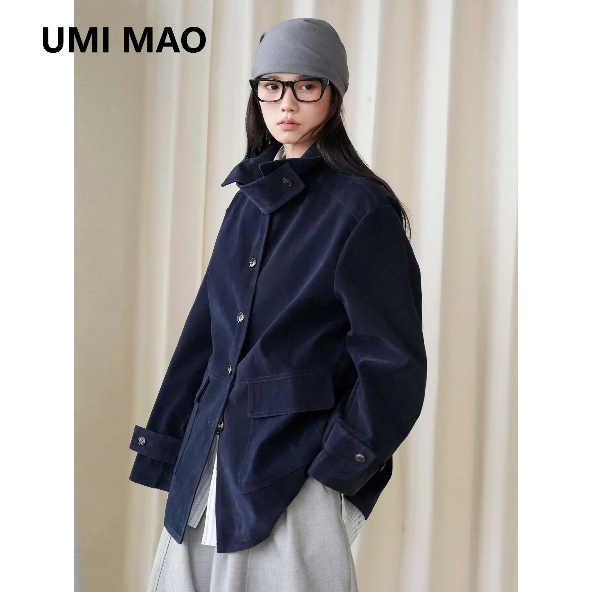UMI MAO Autumn/Winter New Korean Style Faux Suede Lapel Pocket Blue Oversized Jacket Casual Commute Outerwear for Women