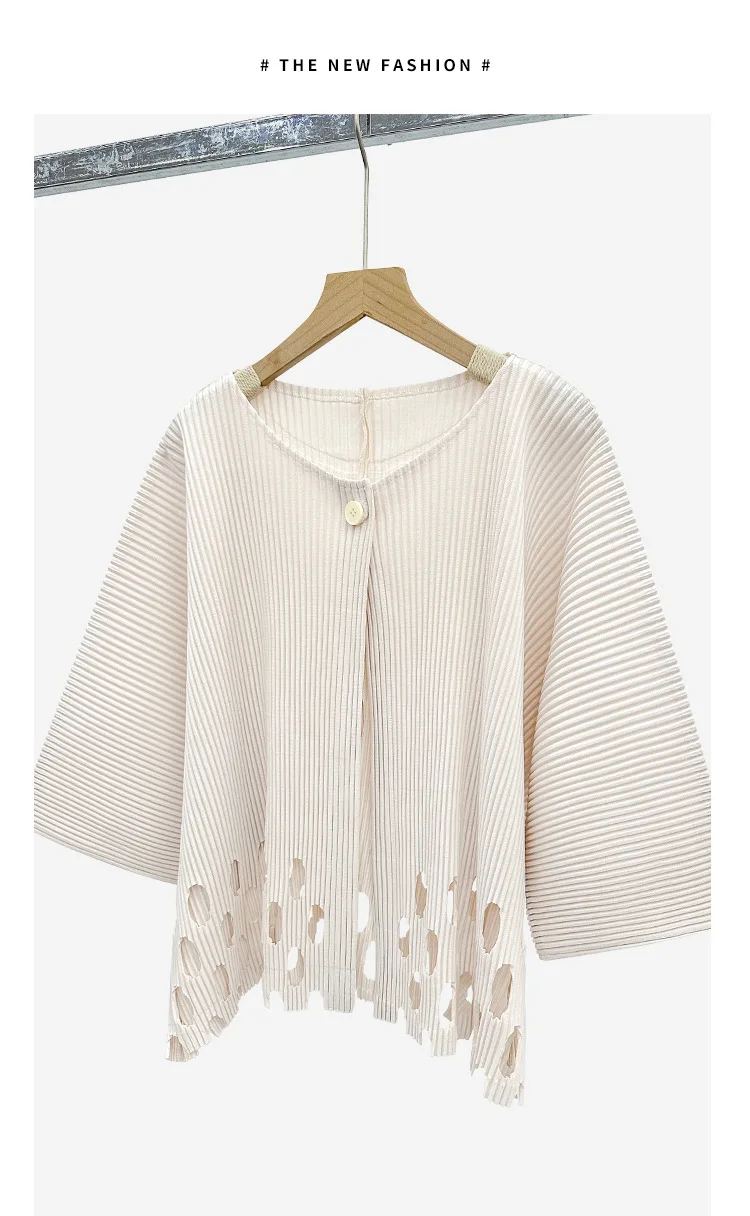 Miyake Plissierter Damen-Cardigan mit Ausschnitten, Einzelknopf, 3/4-Ärmel, Leicht, Locker, Einfarbig, Lässig, Sommer, Damen-Oberbekleidung – Detail 6
