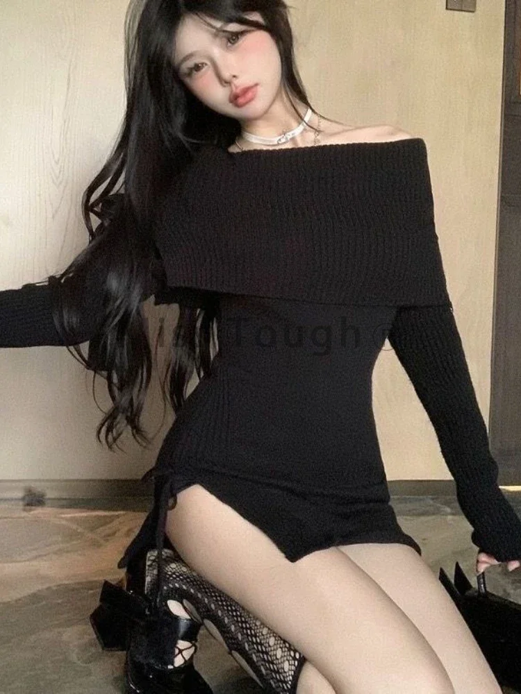 Off Shoulder Solid Sweet Bow Sweater Women Slash Neck Y2k Knitted Slim Elegant Tops Female Korean Fashion Casual Pullovers 2024