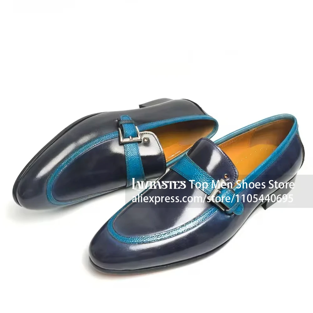Navy Blue Contrast Buckle Penny Loafers Almond Toe Burnished Leather Metal Buckle Leather Shoes Business Casual Loafers for Men