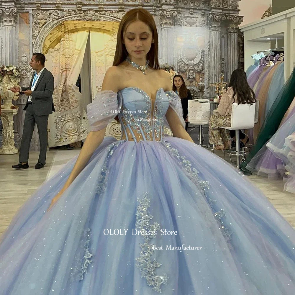 OLOEY Classic Glitter Blue 15 17 Quinceanera Dress Wedding Dress Sweetheart Silky Tulle Off Shoulder Ball Gown Birthday Dress