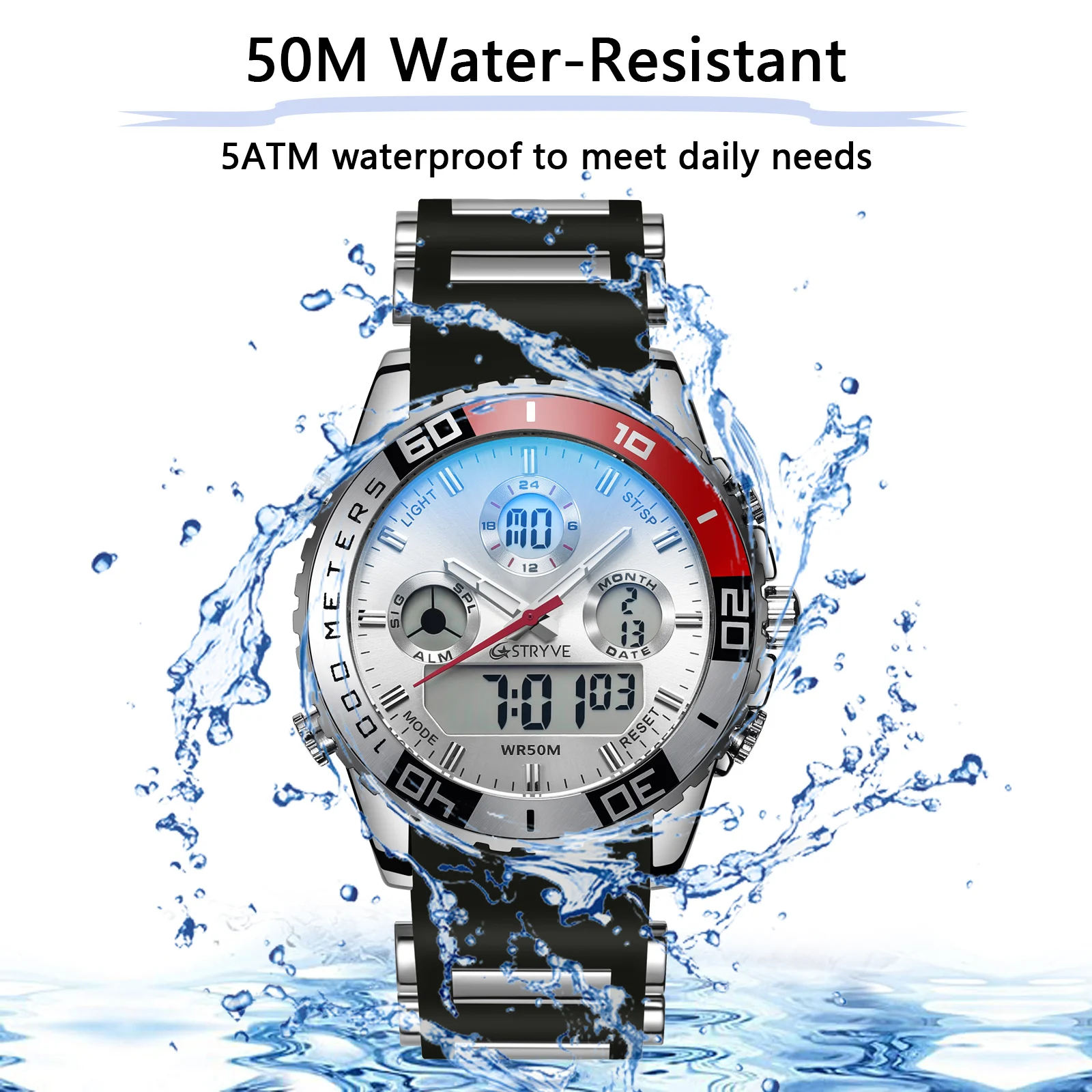 STRYVE 8023 Fashion Sport Men's Quartz Men Digital Watches Luxury LED Waterproof Wristwatches