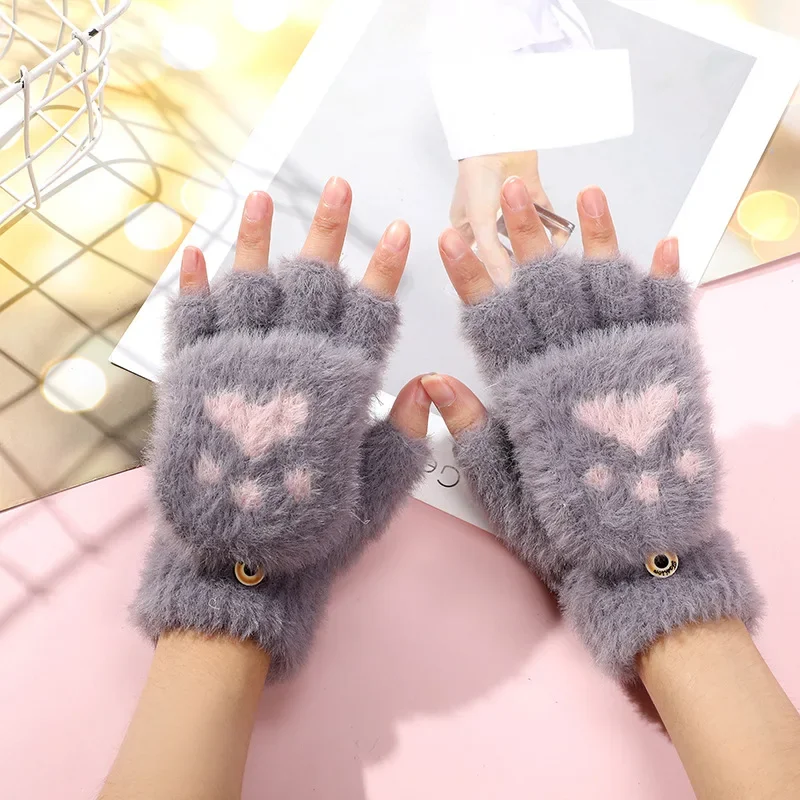 Women Girls Lovely Winter Warm Fingerless Gloves Girls Fluffy Bear Cat Plush Paw Claw Half Finger Gloves Mittens Gifts New