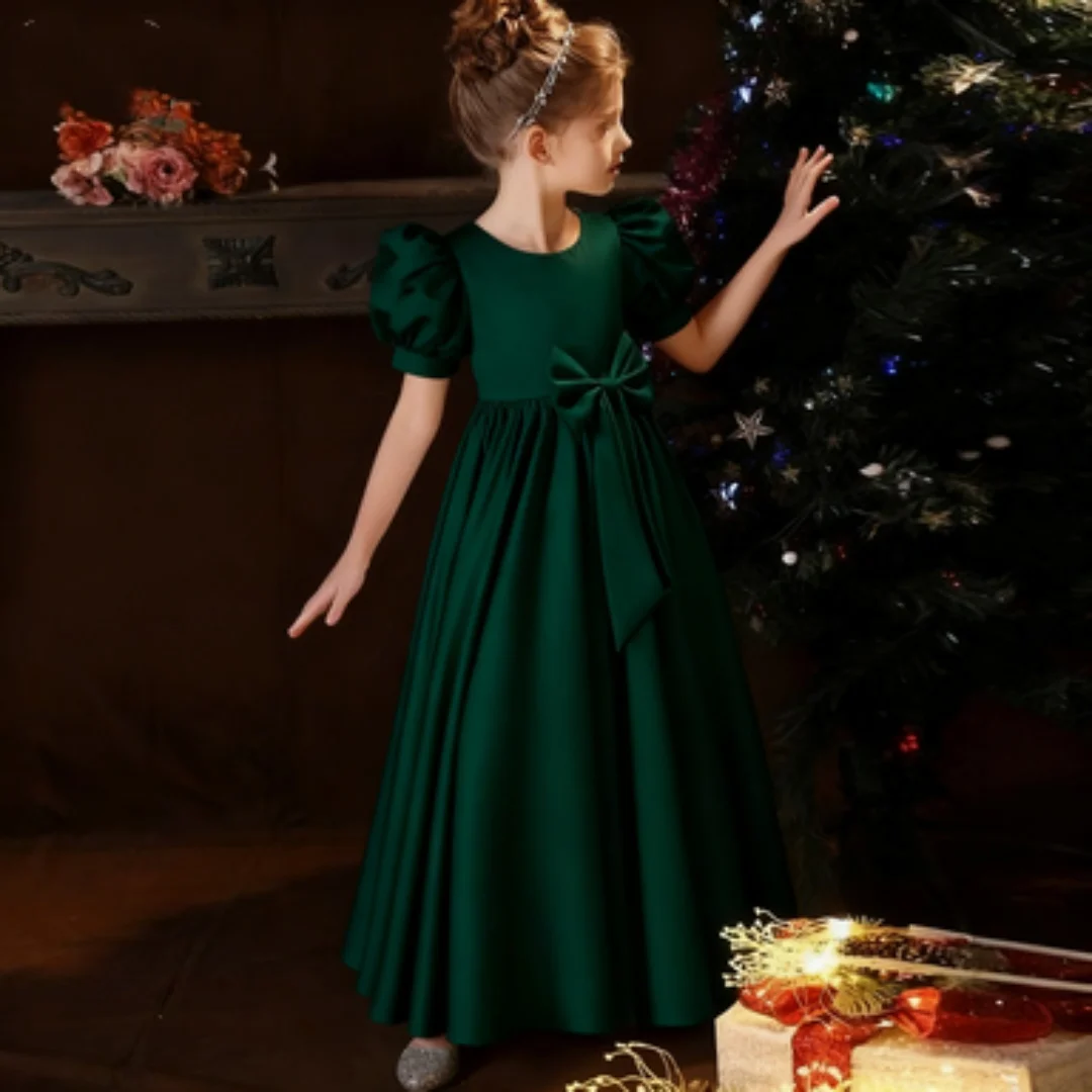 Elegancka sukienka dla dziewczynki na wesele, sukienka na przyjęcie dla dziewczynek, perłowa sukienka księżniczki na konkurs piękności, satynowa sukienka z kokardą na Pierwszą Komunię Świętą