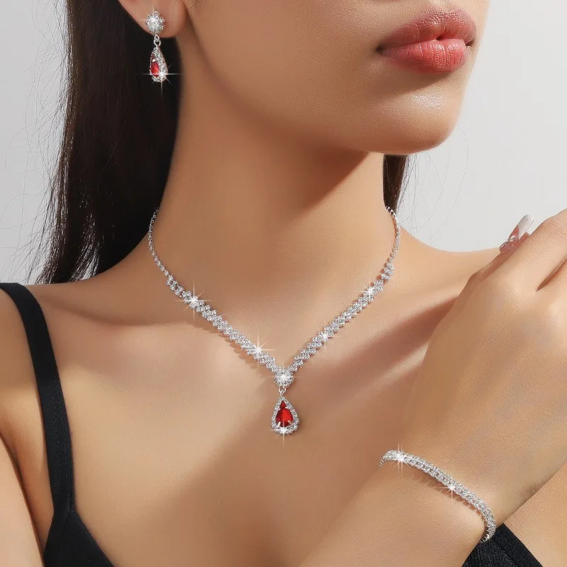 Ladies Full Diamond Rhinestone Earrings Necklace Bracelet Three-piece Bridal Jewelry Set Birthday Gift Wedding Gift