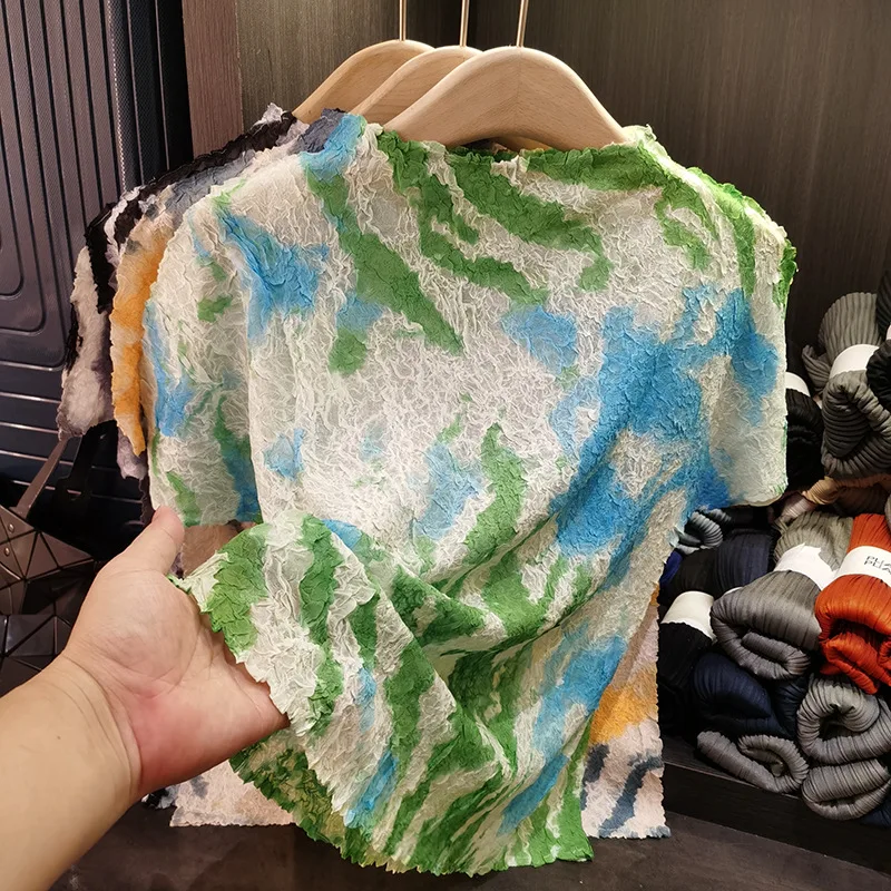 

Miyake Pleat T-shirt 2025 Summer Fold New Slim Plisse Leopard Print Stand-up Collar Pleat T-shirt Pullover Pleats Tops Female