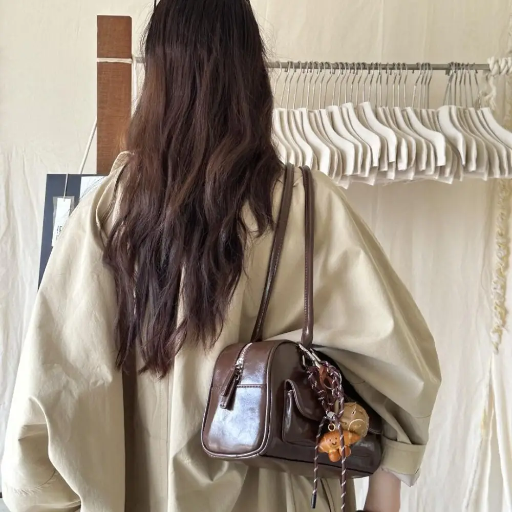 New Double Handle Shoulder Bag Pu Leather Large Volume Women's Handbag Retro Style Crossbody Bag Daily Use