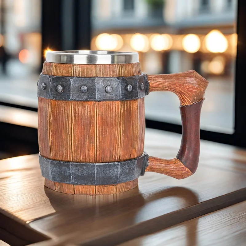 

Handmade Wooden Beer Mug Stainless Steel Material High-end Beer Gift Viking Style Retro Bar Accessories