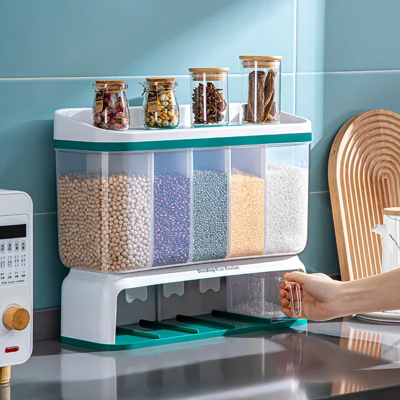 

Home Cereals Dispenser 5 Compartment Storage Jar Sealed Rice Storage Box Grain Dry Food Tank Kitchen Cereal Storage Organizer