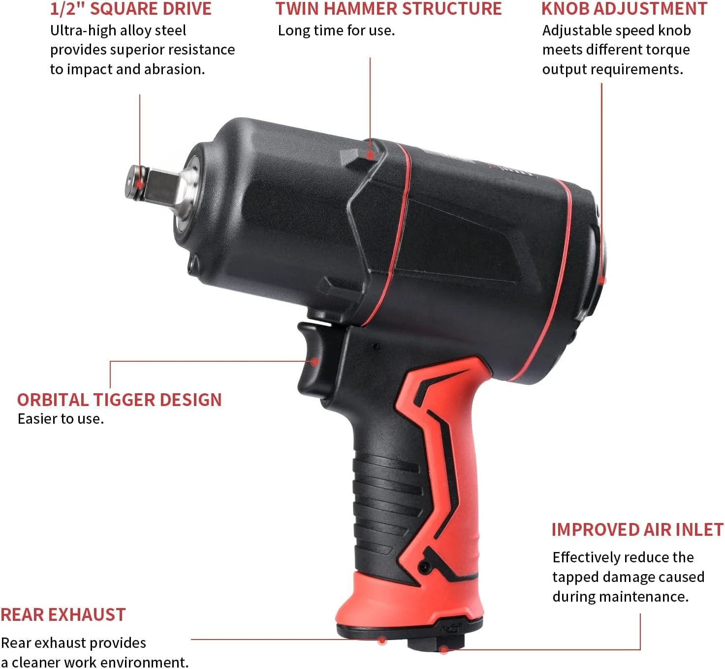 

1/2-Inch Composite Air Impact Wrench(A315), Twin Hammer, 1380FT-LBS Max Loosening Torque, 8000RPM, Pneumatic Impact Gun