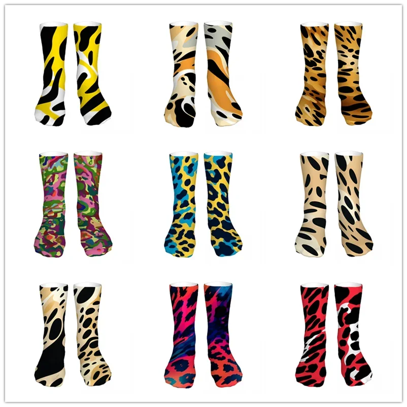 Leopard Print Fabric Art Mens Womens Funny Crew Socks Cool 3D Printed Design Socks Fashion Comfortable Basketball Socks