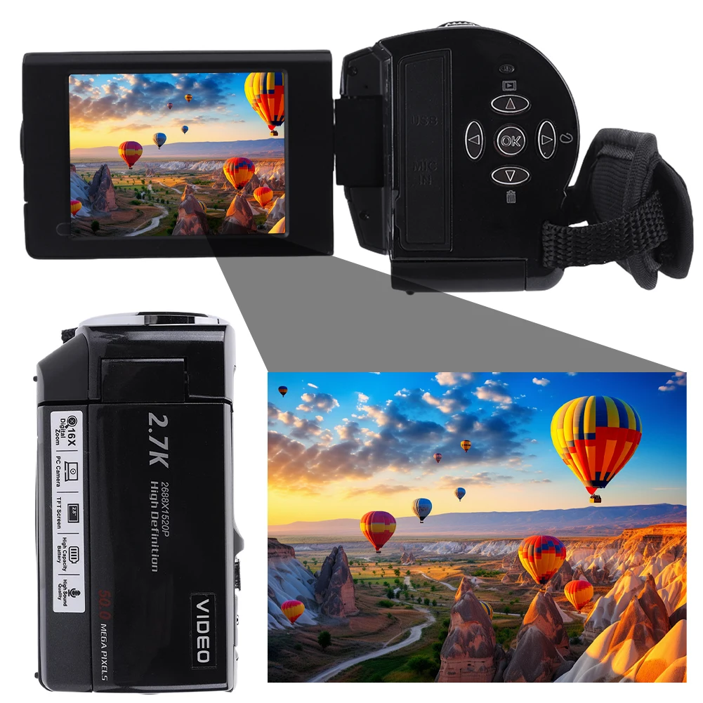 

Видеокамера 2.7K с 50 МП, 16-кратным цифровым зумом, 2.8-дюймовым поворотным на 270 градусов экраном