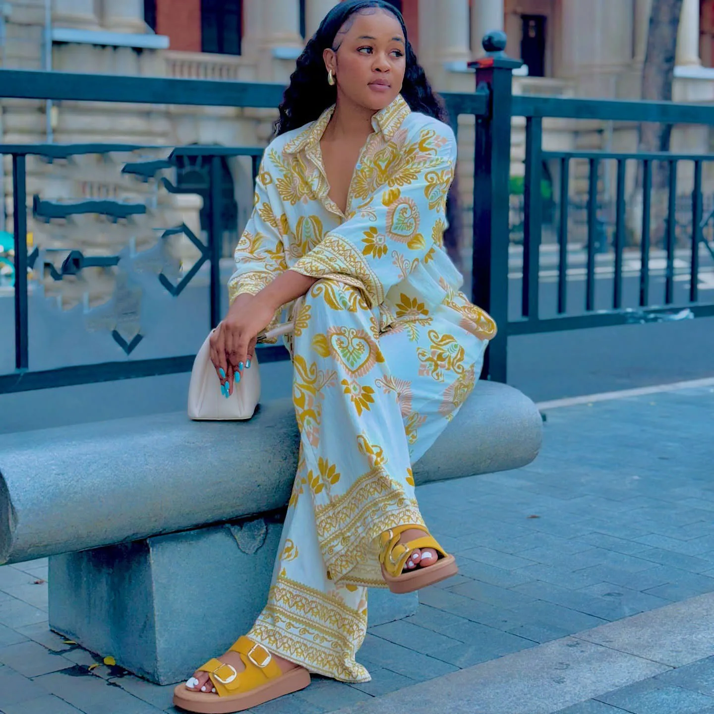 

Women Two Pieces Pant Sets Printing Matching Sets Long Sleeves Button Turn Down Collar Top Elastic Waist Pants Loose 2025 Summer