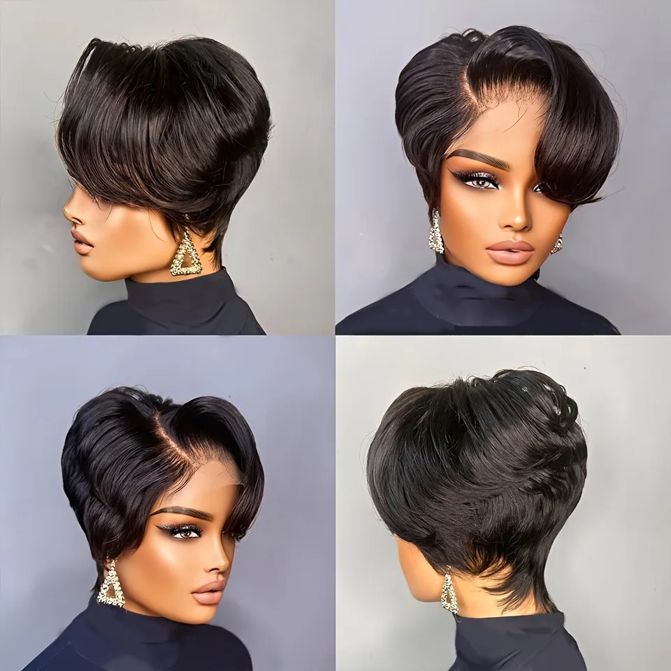 natural black color pixie cut short curly 6inch  150% density daily party use wig pixie 13x1 T lace human hair wigs