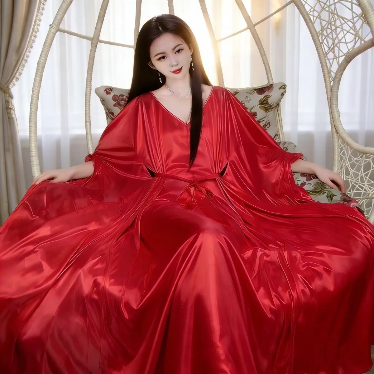 

Unisex Glossy Ice Silk Satin Dress Maxi Dress Batwing Sleeve Pullover Elegant Dresses Sleeping Wear
