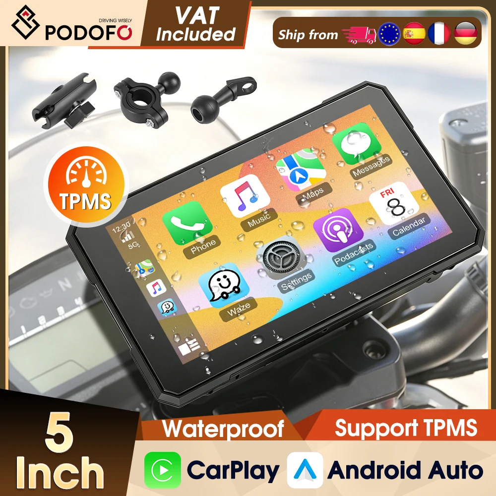 Podofo, dispositivo portatile da 5 pollici per moto, con CarPlay e Android Auto wireless, lettore multimediale intelligente, impermeabile IP68, navigazione GPS, supporto Bluetooth e monitoraggio della