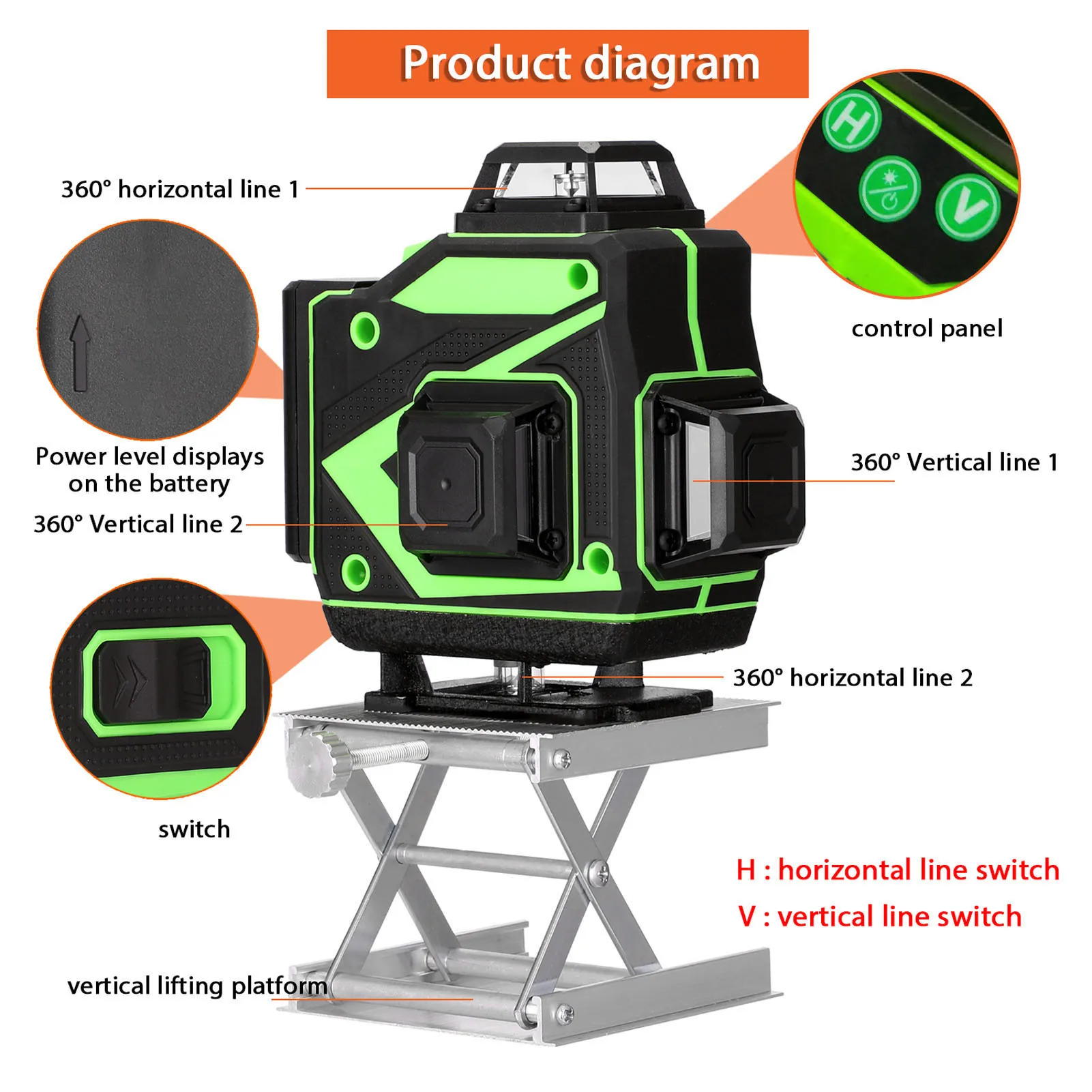 16 Lines Laser Level Tool Vertical Horizontal Lines 3° Self-leveling Function 1.2M 3 Heights Adjustable Extension Tripod Stand