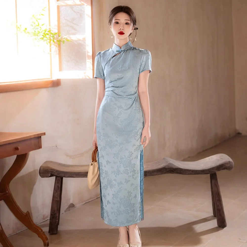 Yourqipao Summer 2025 Blue Improved Cheongsam Dark Pattern Jacquard Short-sleeved Qipao Chinese Style Evening Dress for Women