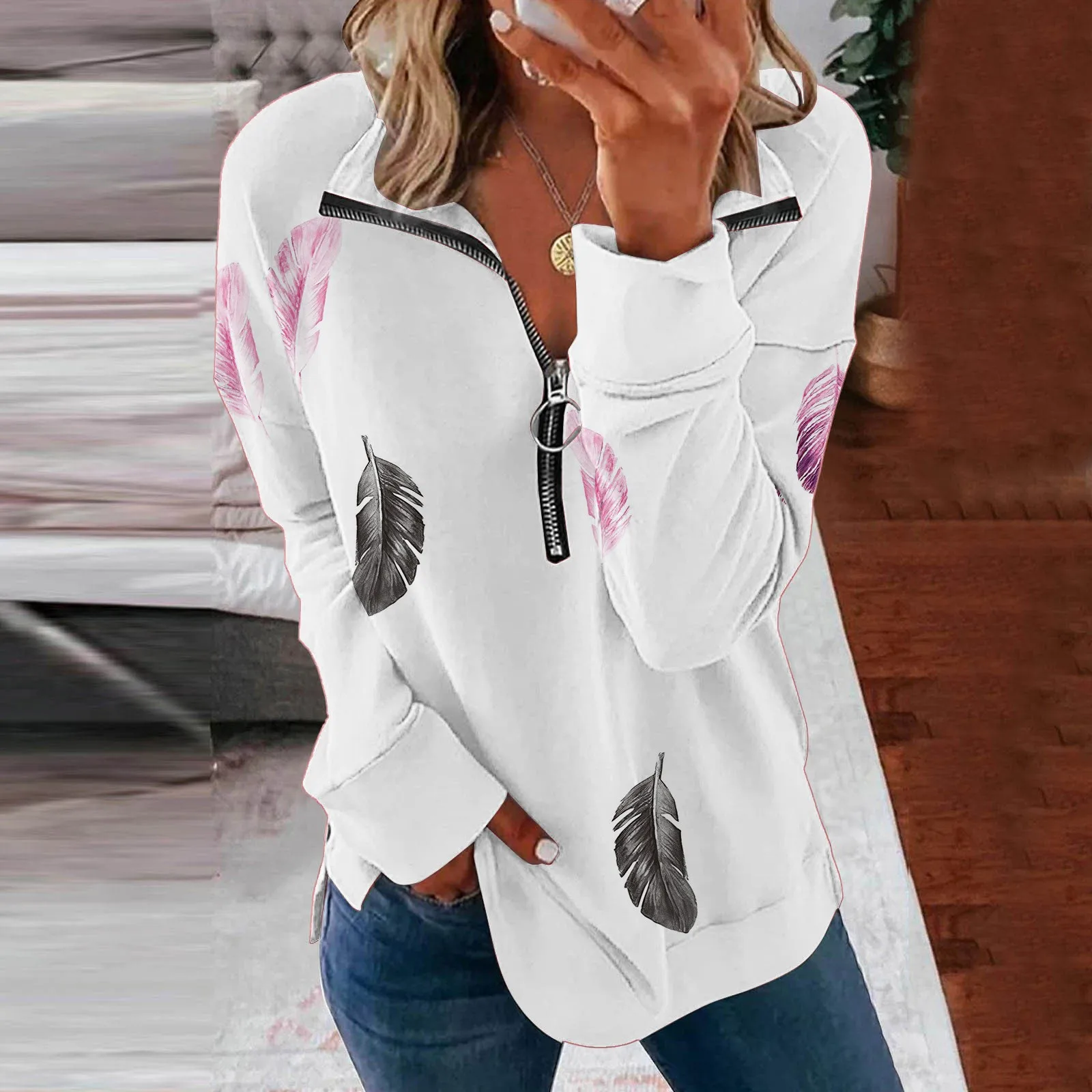 Women's Printed Fashionable Casual Long Sleeved Zippered Lapel Sweater