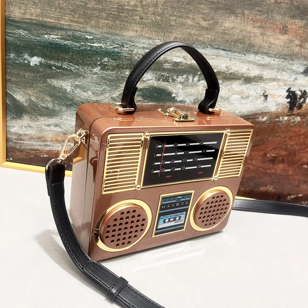 Vintage Radio Box Shaped Purses and Handbags for Women Designer Female Shoulder Bag Novelty Crossbody Bag Fashion Totes Leather