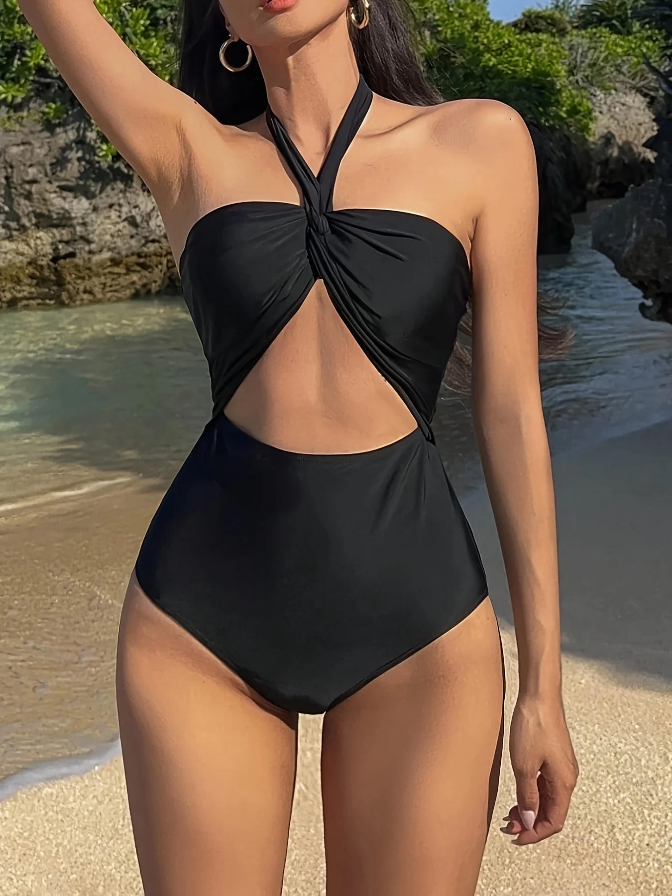 A Set of Sexy Solid Color Hollow Jumpsuit Beach Halter Neck Style Women's Swimsuit