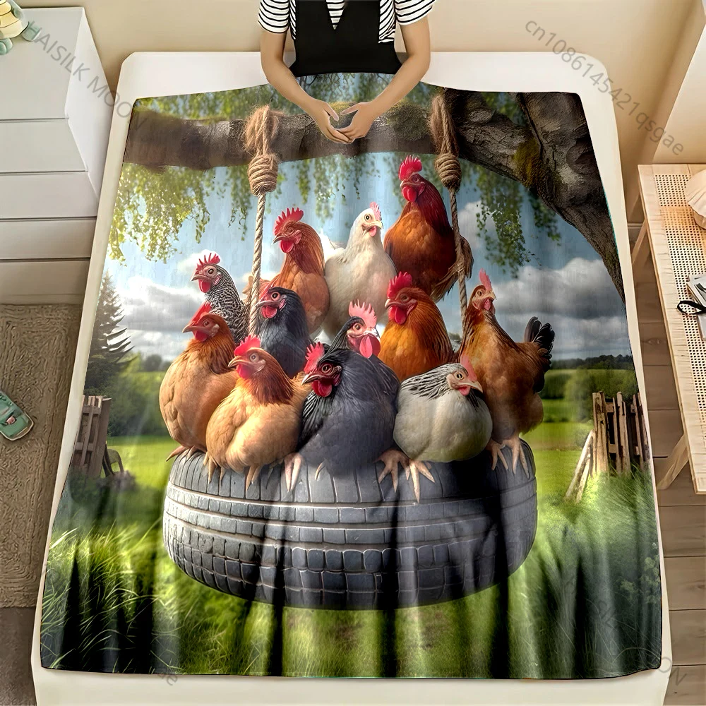 A Group of Chickens on A Swing At The Farm Blanket Flannel Material Soft Warm for All Seasons, Home Outdoor Camping Picnics