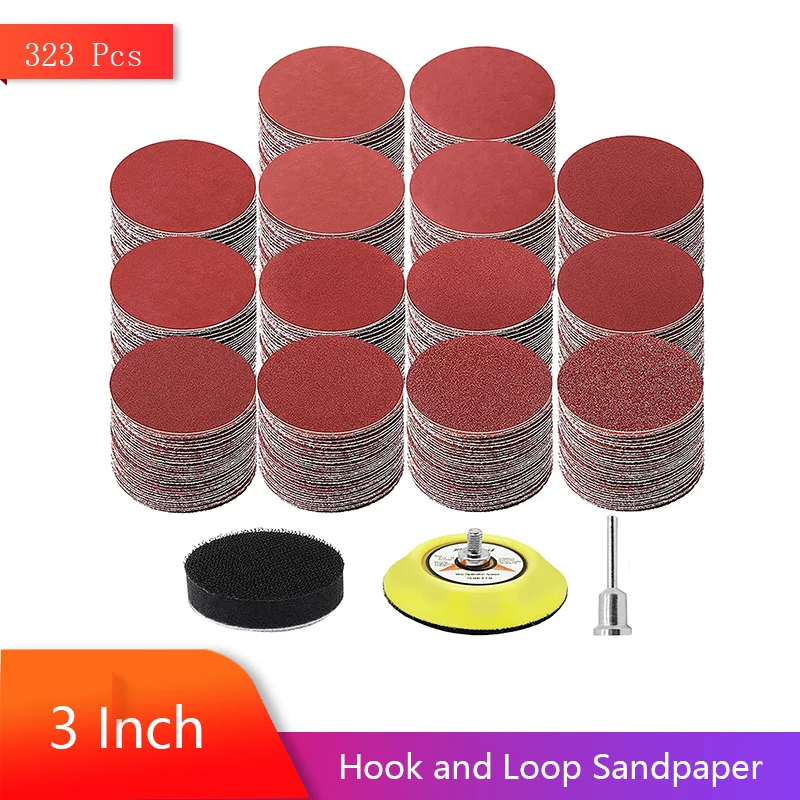 

3 Inch Hook and Loop Sandpaper 323 Pcs with 1/8” Shank Backer Plate and Soft Foam Buffing Pad for Wood Furniture Finishing Car