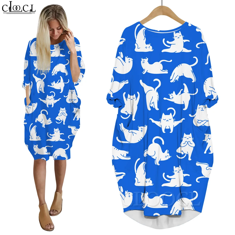 

CLOOCL Fun Dress Yoga White Cat Dress Cartoon Pattern Digital Printing Long Sleeves Dress Lightweight Soft Cozy Mid Dress