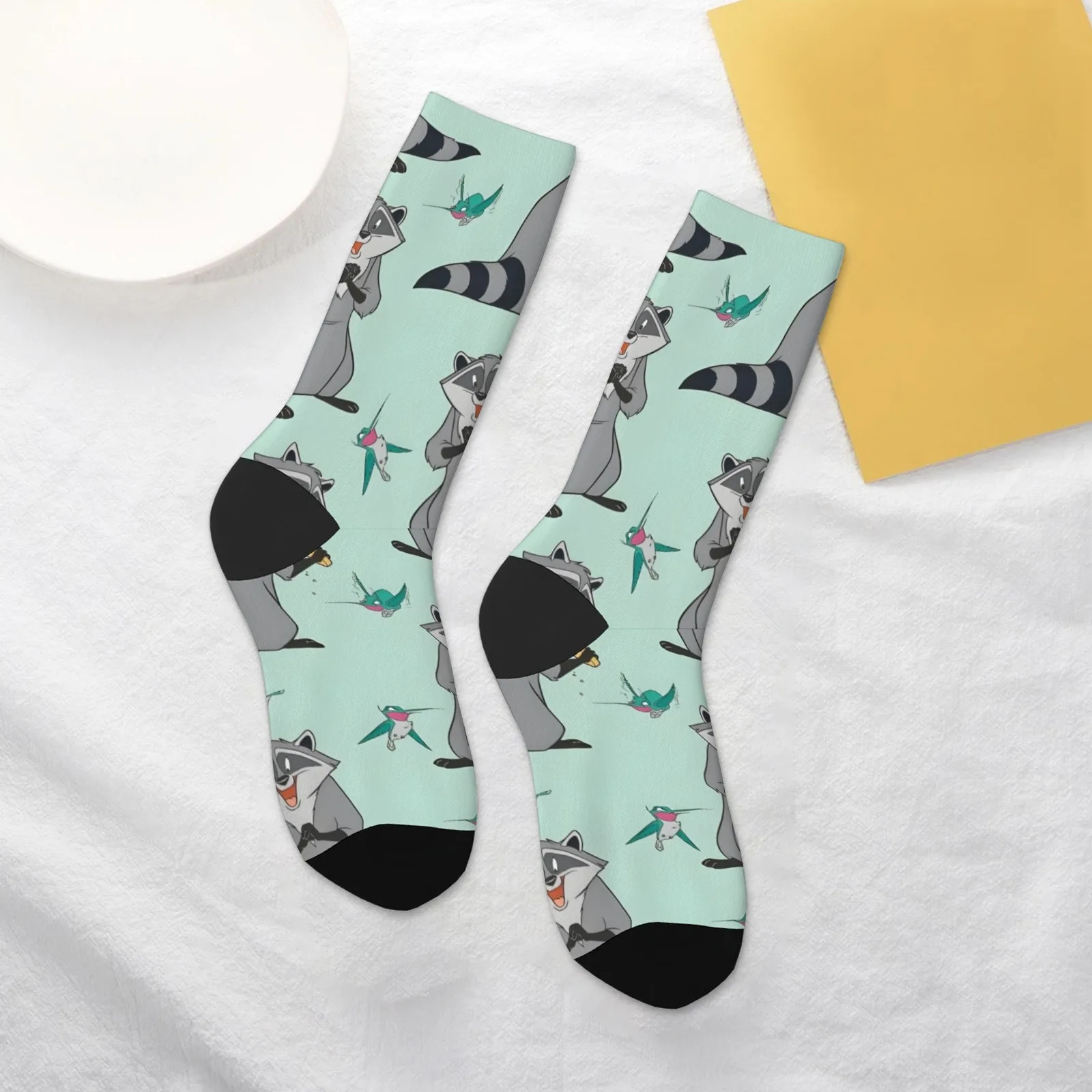 Novelty Disney Pocahontas Meeko Compression Socks Mint Green Natural Beauty Cute Raccoon and Hummingbird Print Nostalgic Gift