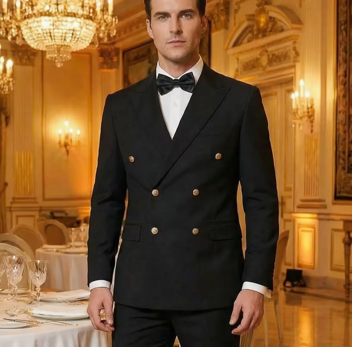 

Men Double Breasted Suit Black Slim Fit High Quality Wedding Costume Party Prom Gold Button Male Suits 2 Piece