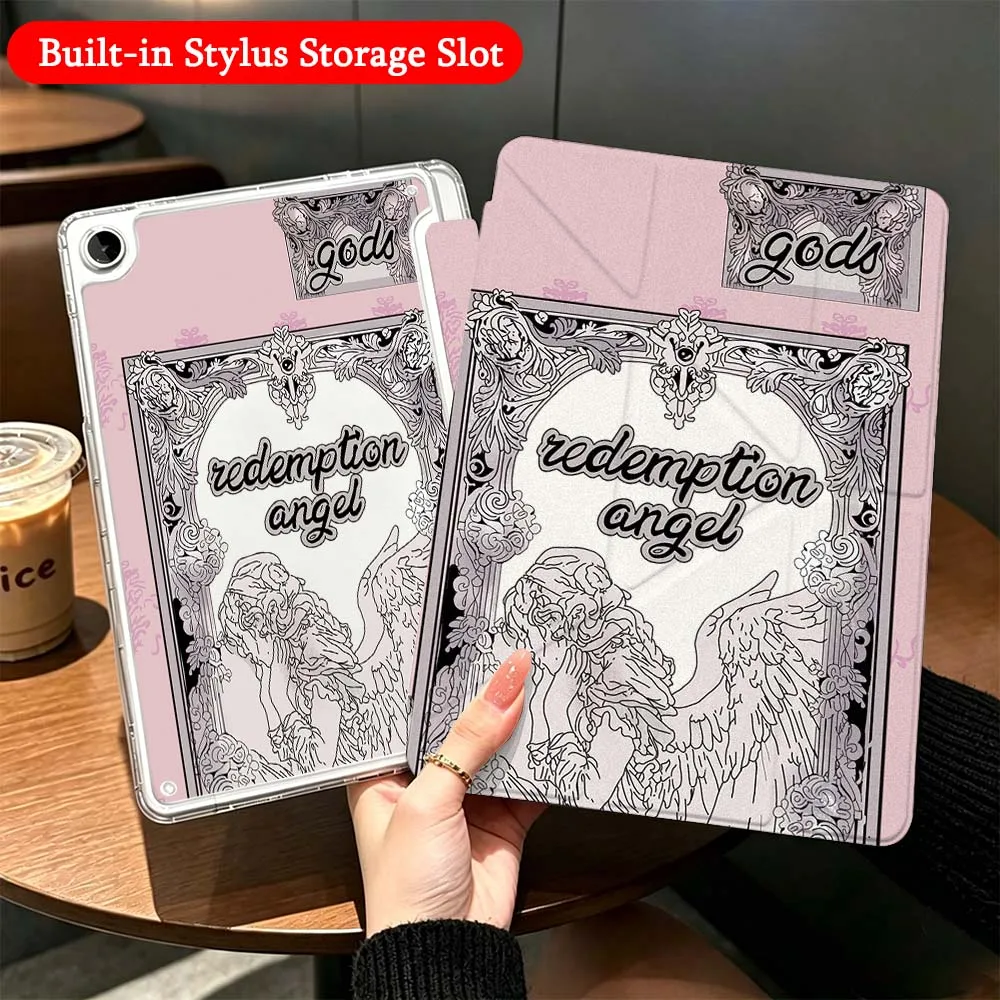 Two Angels Halo Art Case For Samsung Galaxy Tab A9 A8 A11 S6 S7 S8 S9 S10 FE Plus Lite Transparent Y-Shaped Folding Tablet