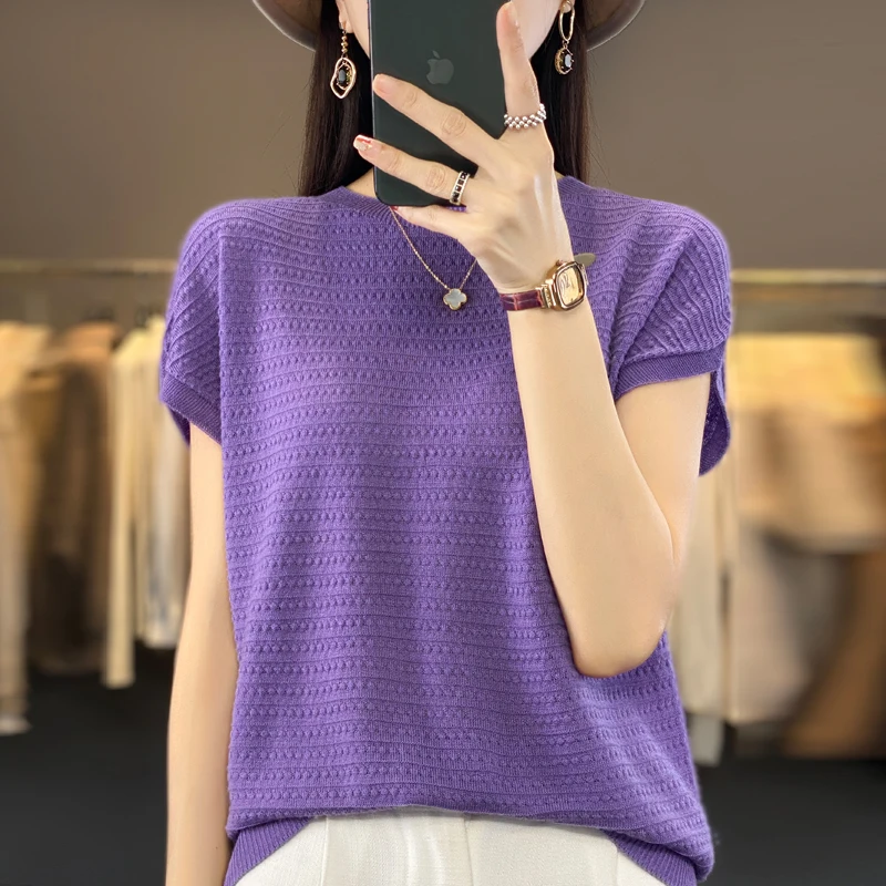 Fashion short half sleeve cashmere women\'s sweater 100% pure merino wool O-neck pullover sweater