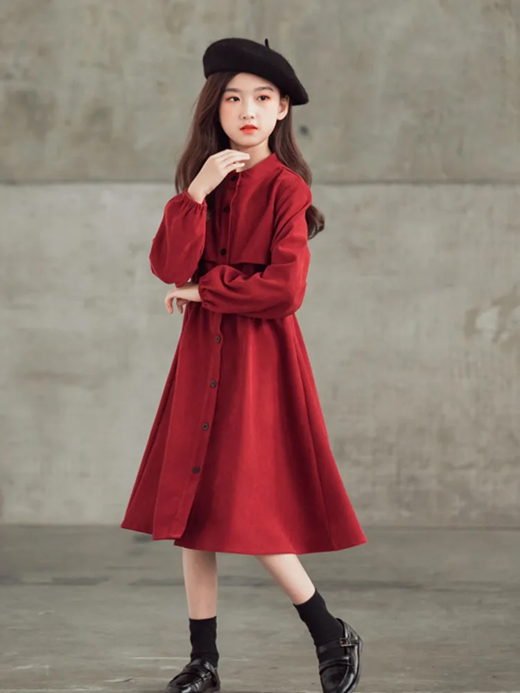 Corduroy Dress Girls Winter Fall Children Clothing Red Black Party Teens Girl Christmas Dress Long Sleeve Shirts Dresses Button