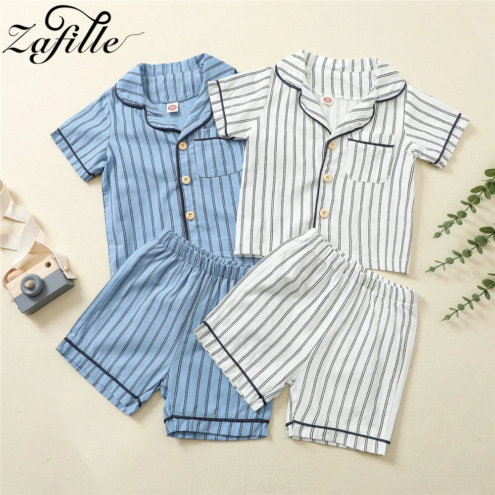 

ZAFILLE Children's Sleepwear Boys Summer Suits Set Striped Toddler Baby Clothes Cotton Linen Kids Boys Clothing Home Outfits