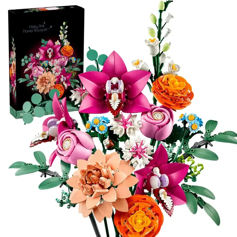 

NEW MOC 749PCS Creative Pretty Pink Flower Bouquet Building Blocks MOC Assemble Bricks Flower Toy Gift For Children Girl