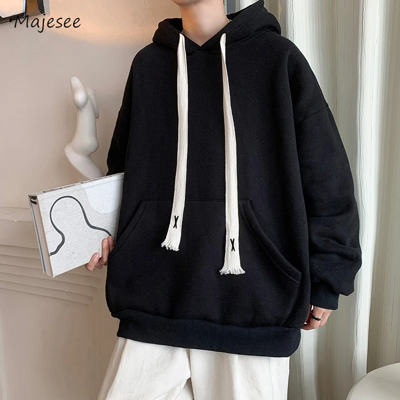 Solid Hoodies Men Baggy Lace-up Fashion Loose Autumn Minimalist Long Length Korean Style Temperament Streetwear  Tender