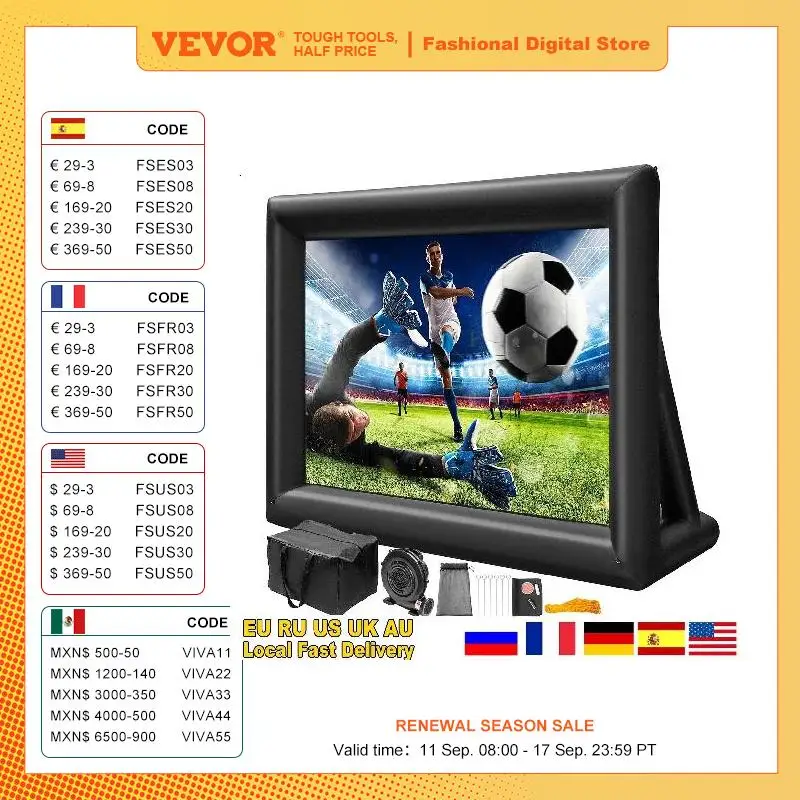 VEVOR 16FT 20FT Inflatable Movie Projector Screen With 350W Washable Air Blower 16:9 Home Cinema for Camping Wedding Outdoor Use