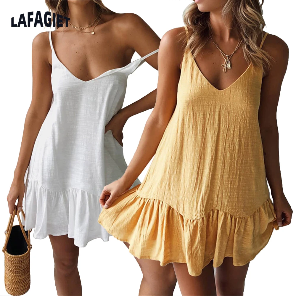 แฟชั่นสลิง V คอชุดผู้หญิง Causal ผ้าฝ้ายผ้าลินิน Vintage ชุดราตรีเซ็กซี่ Sundress