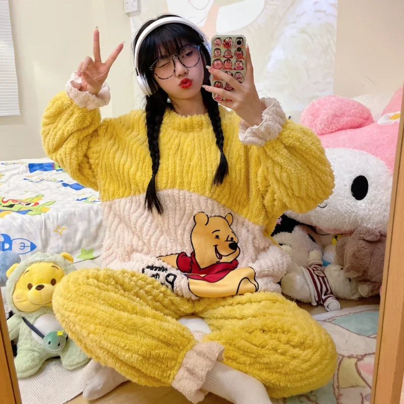 Cartoon Winnie the Pooh pajamas winter new coral fleece fleece thickened flannel cute Disney loungewear women\'s pajamas set