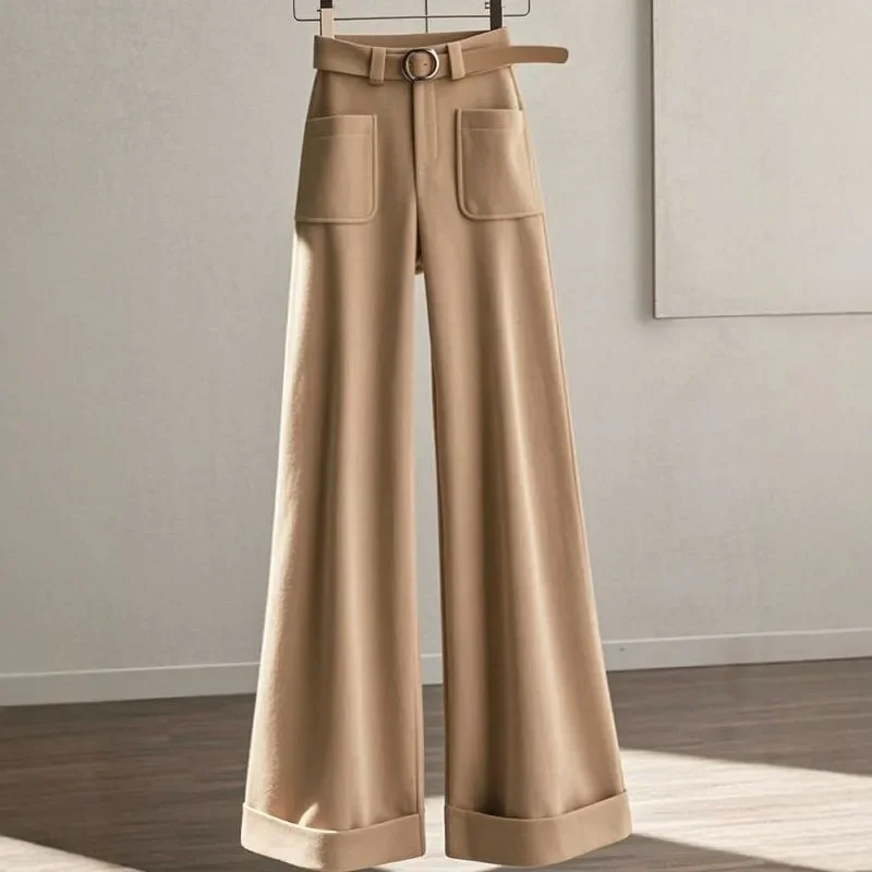 

Khaki Pockets Pants Versatile Loose Wide Legs Pant Women Spring Autumn Casual Ankle-Length Trousers Office Lady XQ221