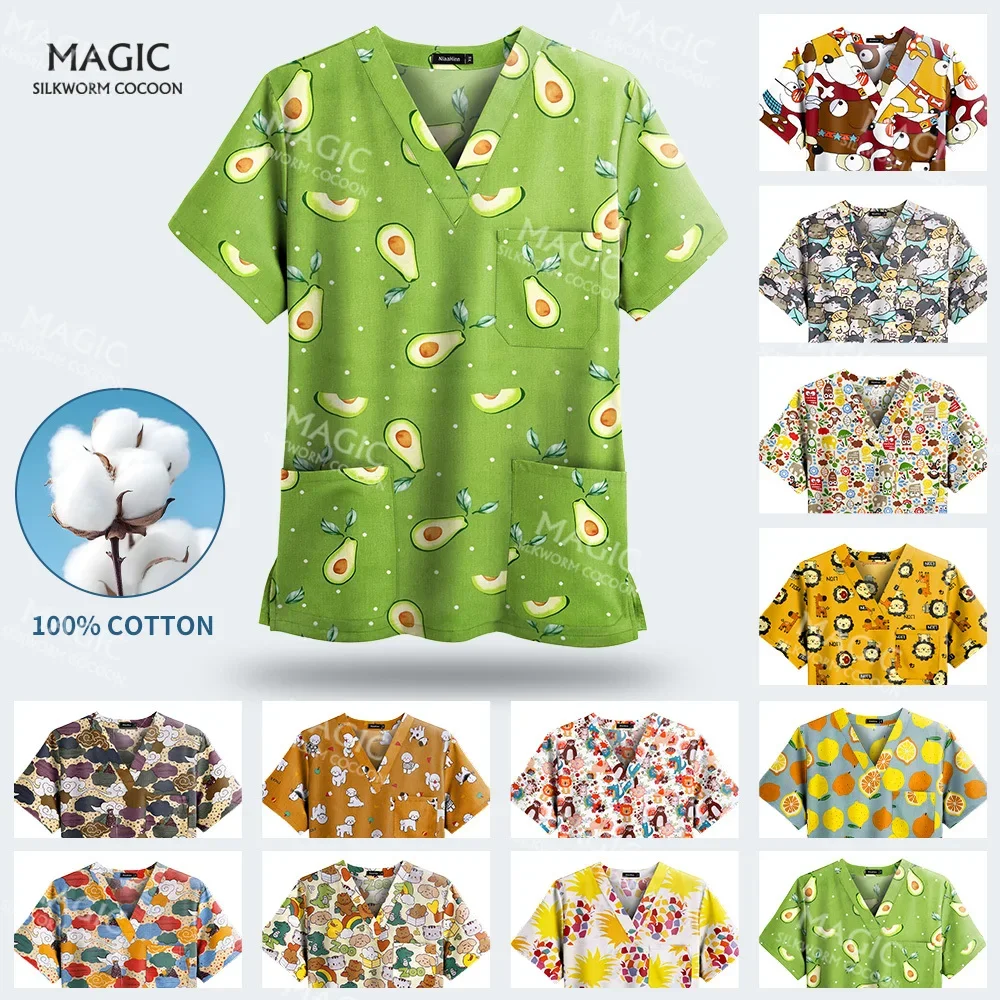 Printed Pet Grooming Working Clothes Short Sleeved Nursing Tops Medical Uniforms T-Shirts Unisex Hospital Doctor Scrubs T-shirts