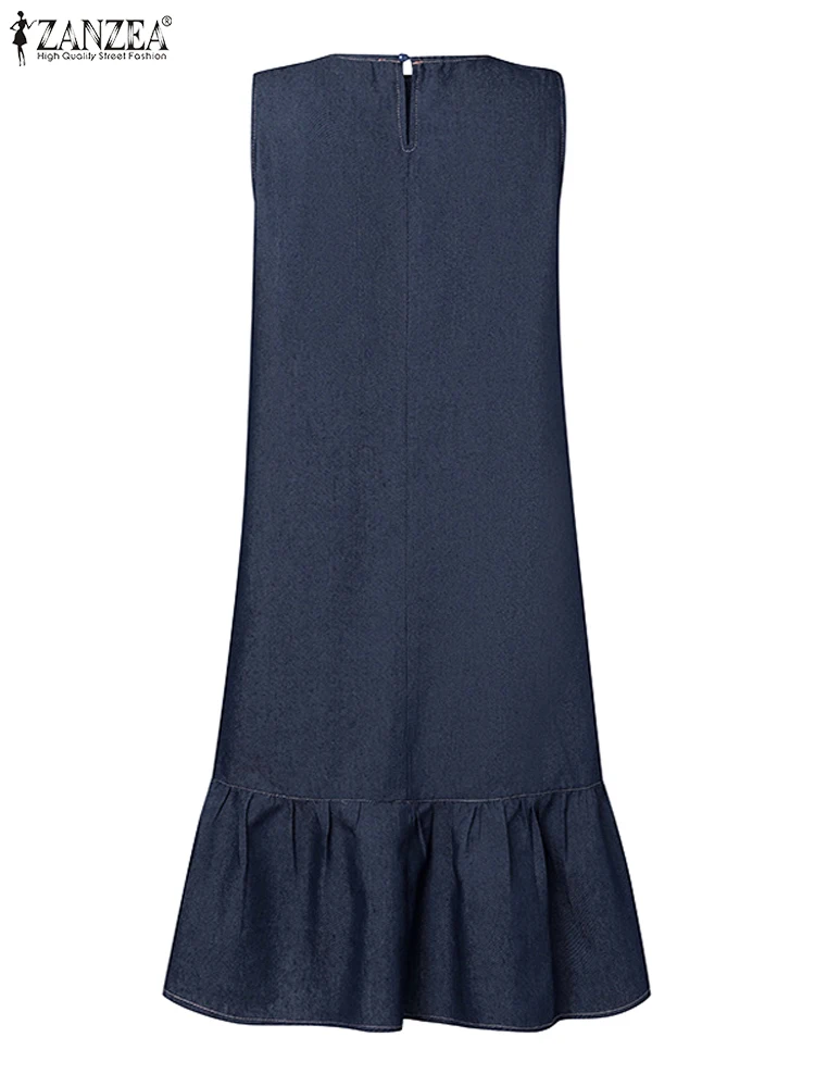 ZANZEA-Robe d'été en denim bleu pour femme, mode féminine, élégante, avocat, travail, éducatif, ourlet à volants, 2024